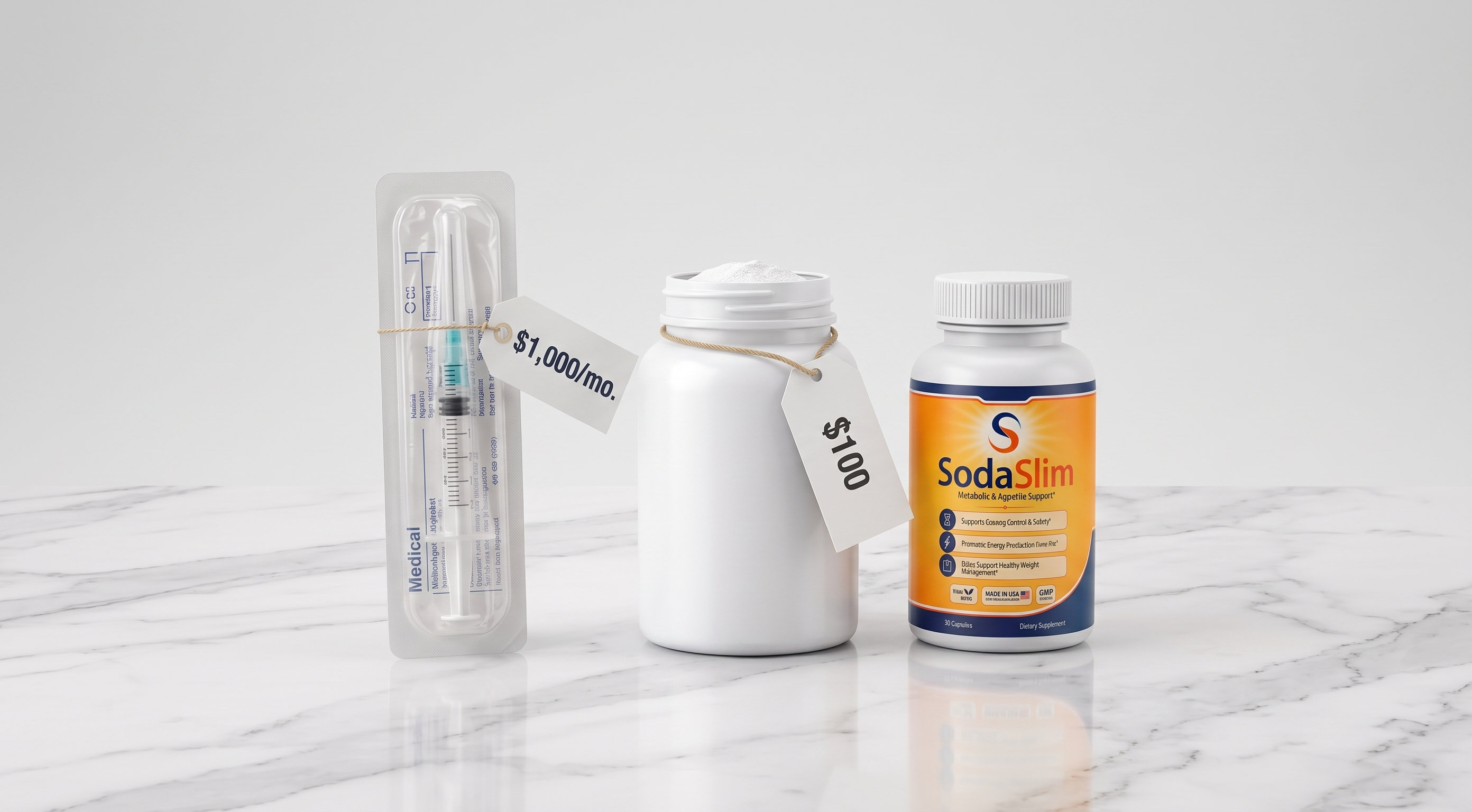 The injections, the celebrity capsule, and SodaSlim side by side