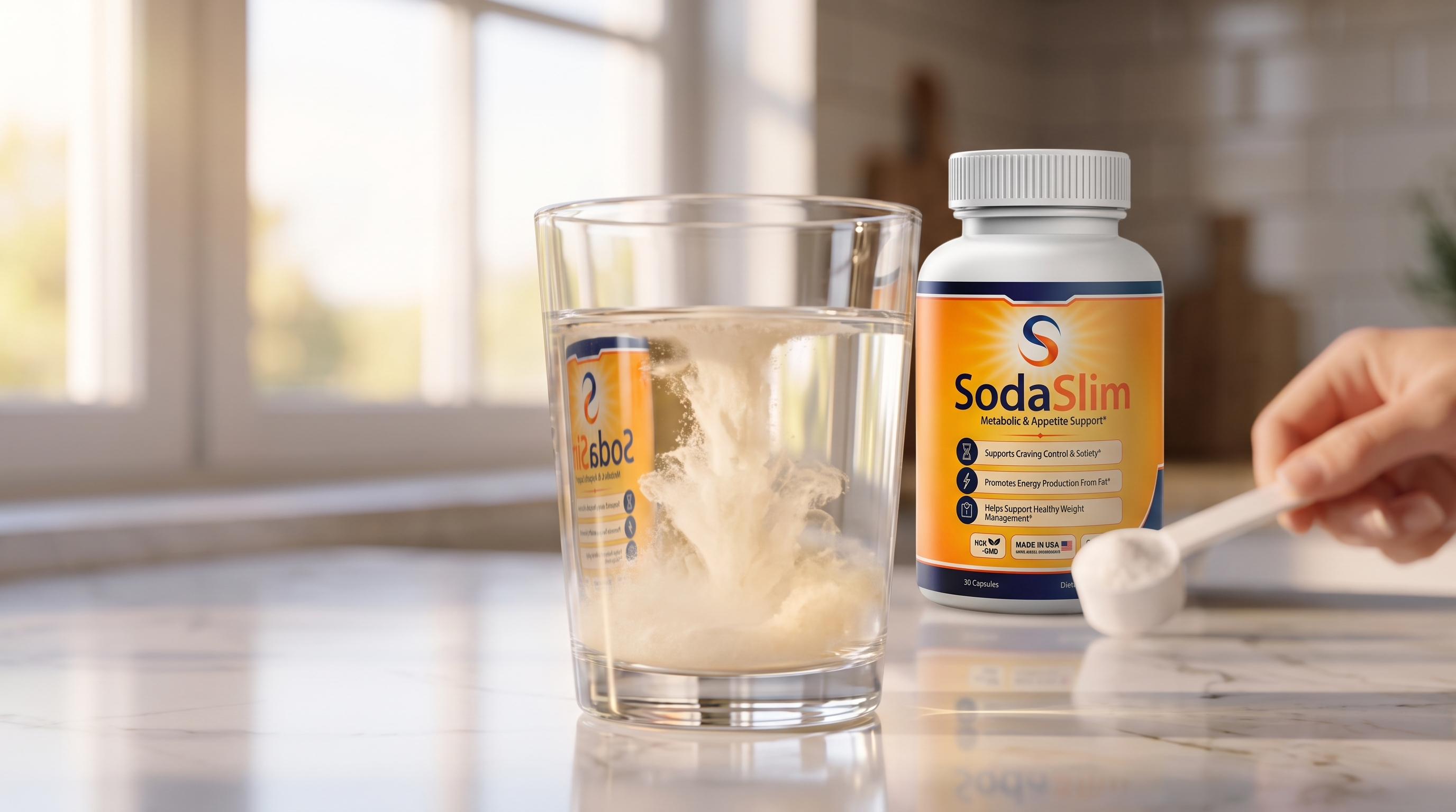 One scoop of SodaSlim stirred into a glass of water